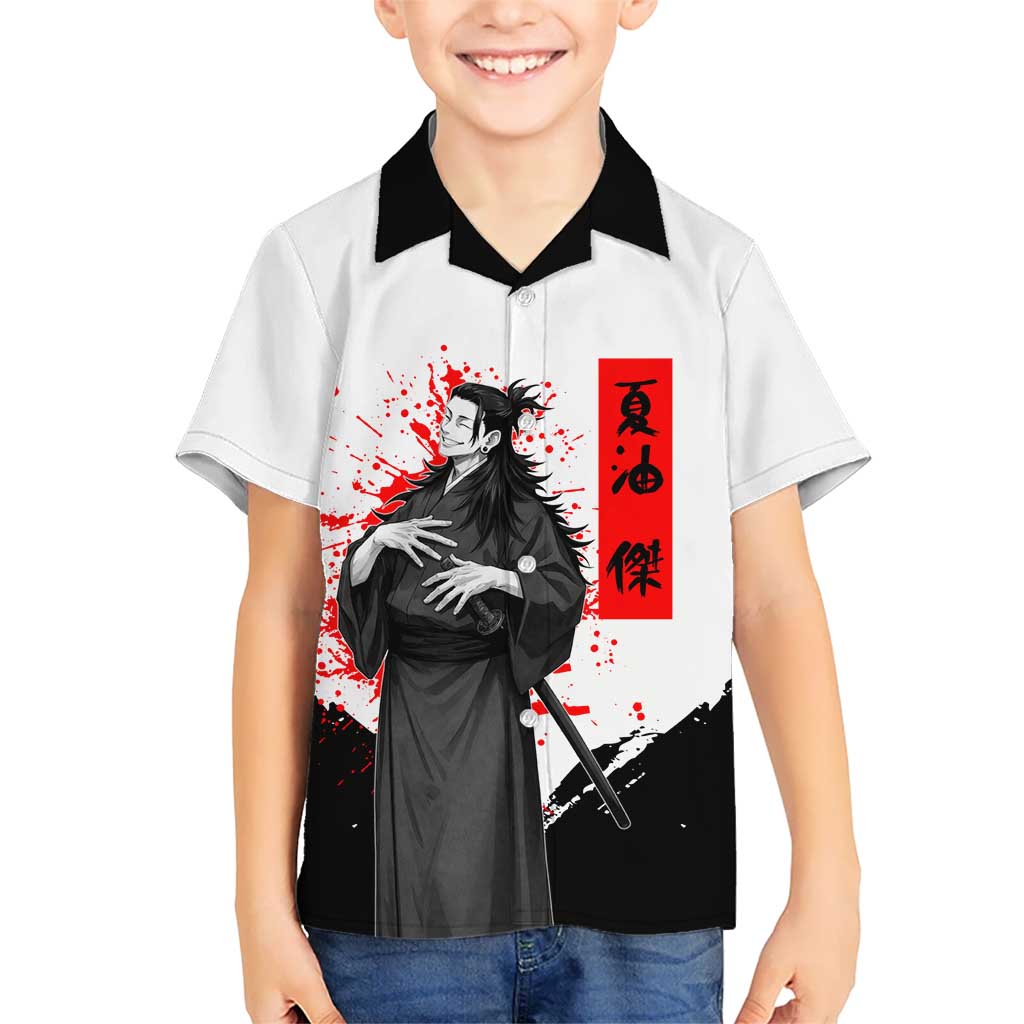 Suguru Geto Jujutsu Kaisen Samurai Style Hawaiian Shirt with Katana, Red Kanji Accents and Oni Mask Graphic - The Mazicc