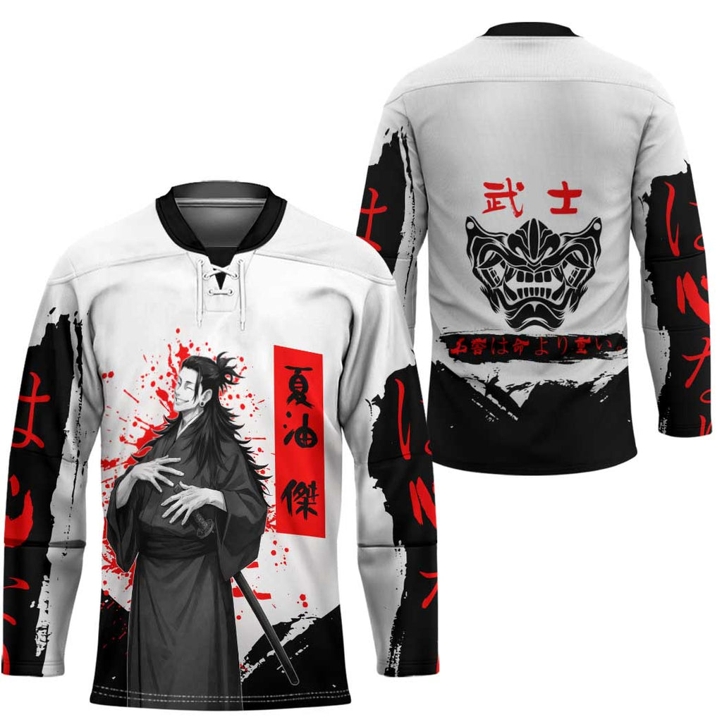 Suguru Geto Jujutsu Kaisen Samurai Style Hockey Jersey with Katana, Red Kanji Accents and Oni Mask Graphic - The Mazicc