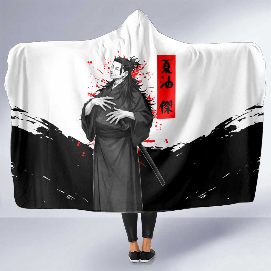 Suguru Geto Jujutsu Kaisen Samurai Style Hooded Blanket with Katana, Red Kanji Accents and Oni Mask Graphic - The Mazicc