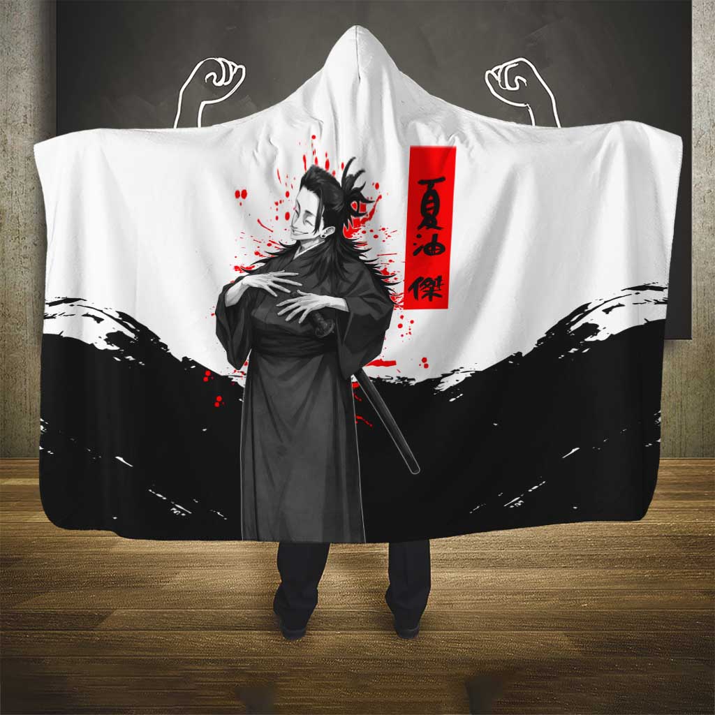 Suguru Geto Jujutsu Kaisen Samurai Style Hooded Blanket with Katana, Red Kanji Accents and Oni Mask Graphic - The Mazicc