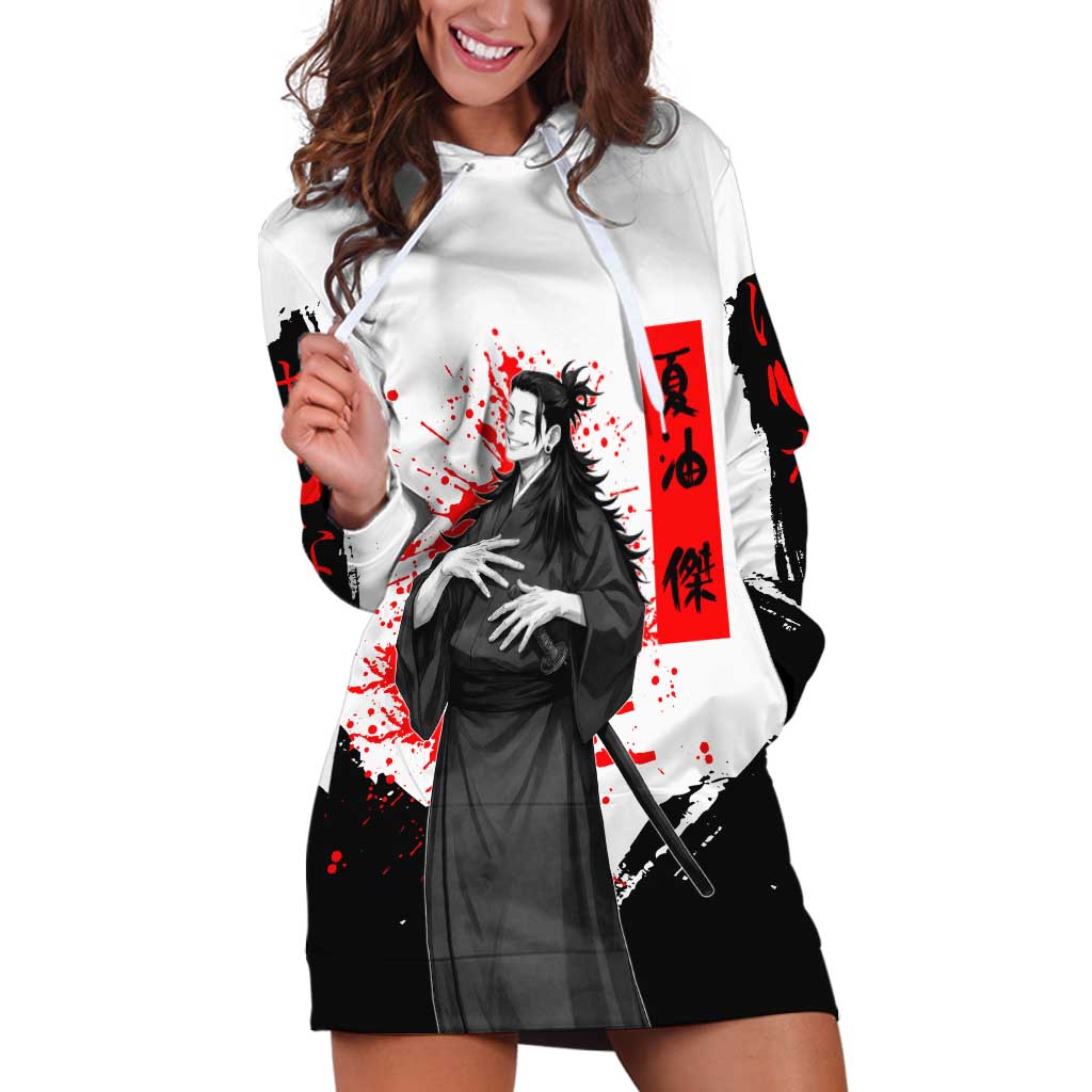 Suguru Geto Jujutsu Kaisen Samurai Style Hoodie Dress with Katana, Red Kanji Accents and Oni Mask Graphic - The Mazicc
