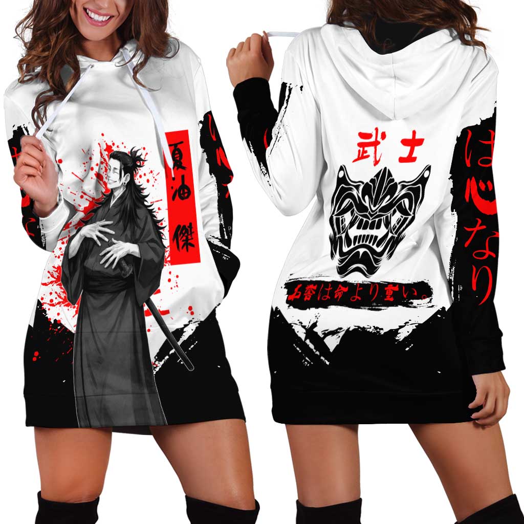 Suguru Geto Jujutsu Kaisen Samurai Style Hoodie Dress with Katana, Red Kanji Accents and Oni Mask Graphic - The Mazicc