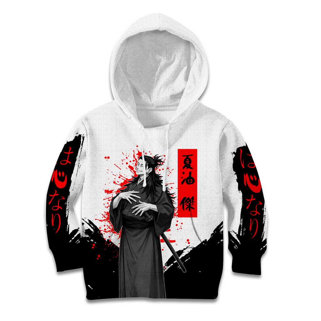 Suguru Geto Jujutsu Kaisen Samurai Style Kid Hoodie with Katana, Red Kanji Accents and Oni Mask Graphic - The Mazicc
