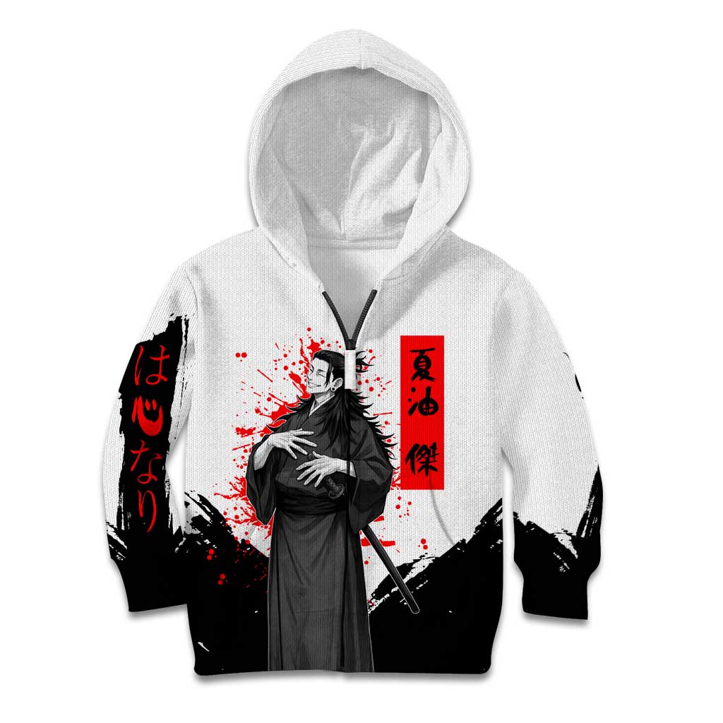 Suguru Geto Jujutsu Kaisen Samurai Style Kid Hoodie with Katana, Red Kanji Accents and Oni Mask Graphic - The Mazicc