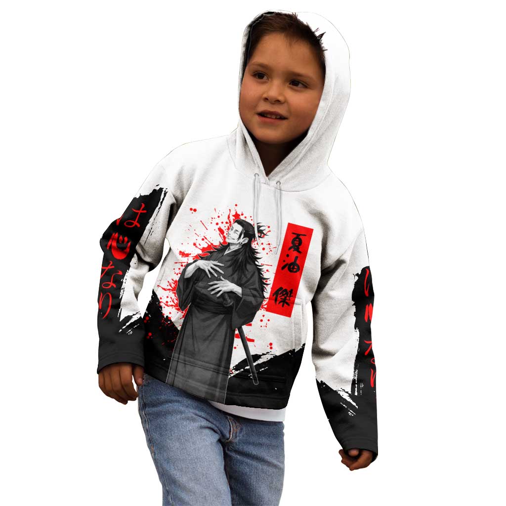 Suguru Geto Jujutsu Kaisen Samurai Style Kid Hoodie with Katana, Red Kanji Accents and Oni Mask Graphic - The Mazicc
