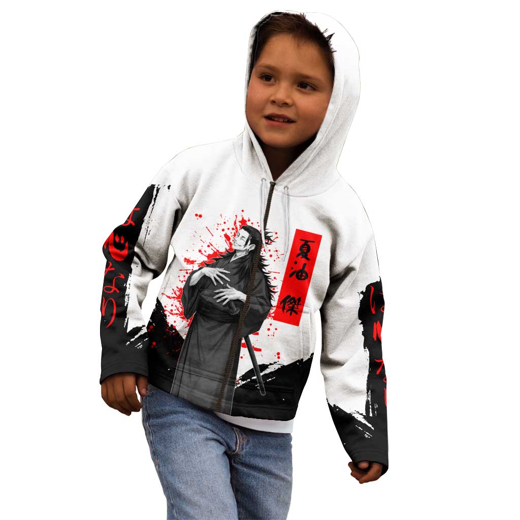 Suguru Geto Jujutsu Kaisen Samurai Style Kid Hoodie with Katana, Red Kanji Accents and Oni Mask Graphic - The Mazicc