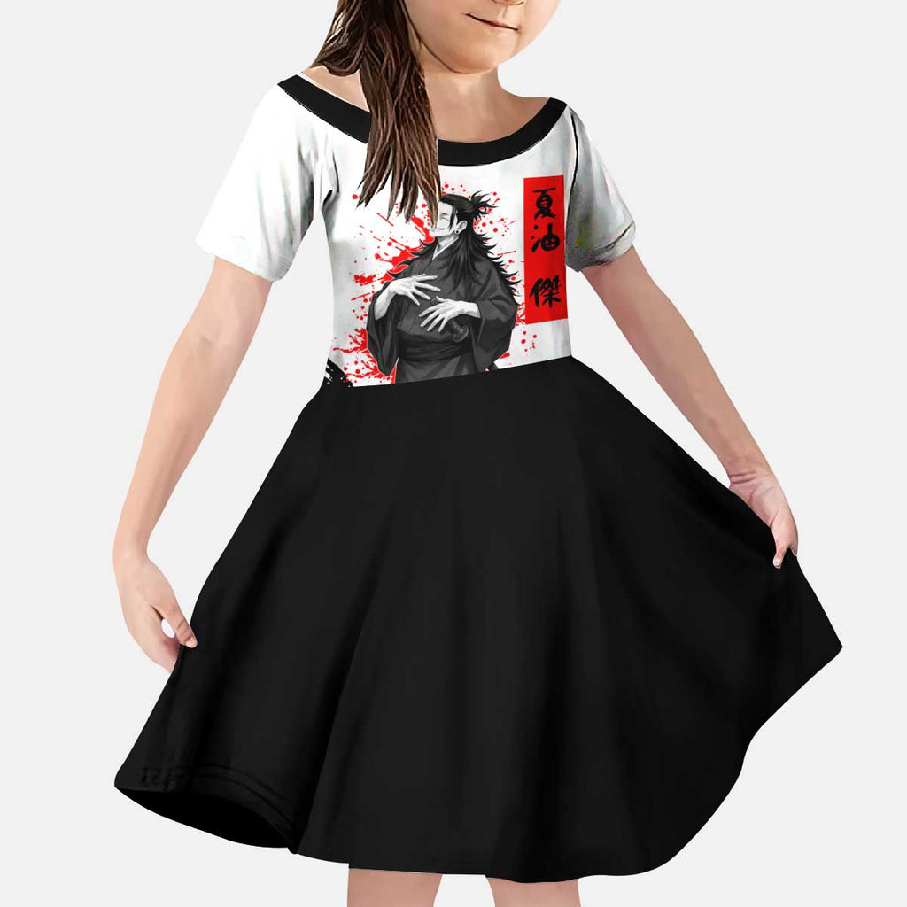 Suguru Geto Jujutsu Kaisen Samurai Style Kid Short Sleeve Dress with Katana, Red Kanji Accents and Oni Mask Graphic - The Mazicc