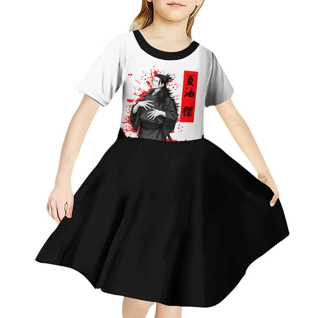 Suguru Geto Jujutsu Kaisen Samurai Style Kid Short Sleeve Dress with Katana, Red Kanji Accents and Oni Mask Graphic - The Mazicc
