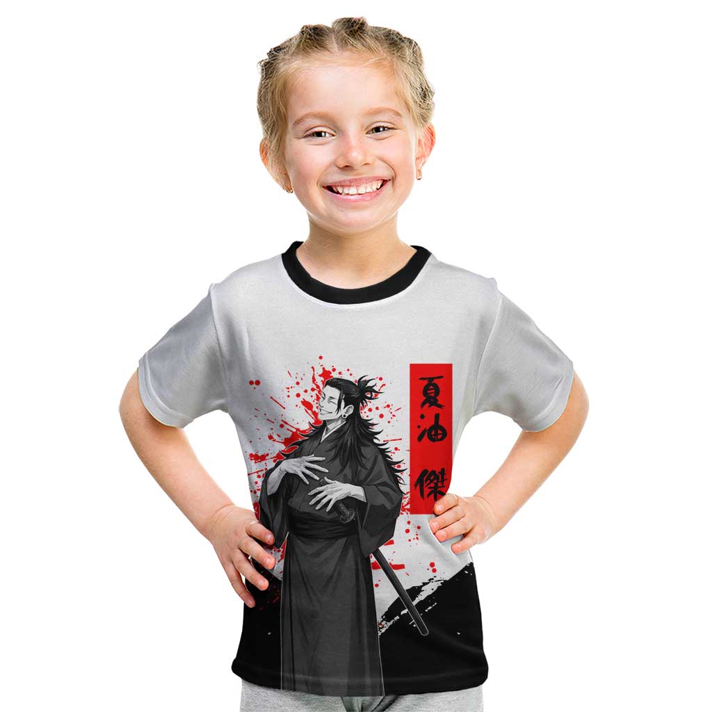 Suguru Geto Jujutsu Kaisen Samurai Style Kid T Shirt with Katana, Red Kanji Accents and Oni Mask Graphic - The Mazicc
