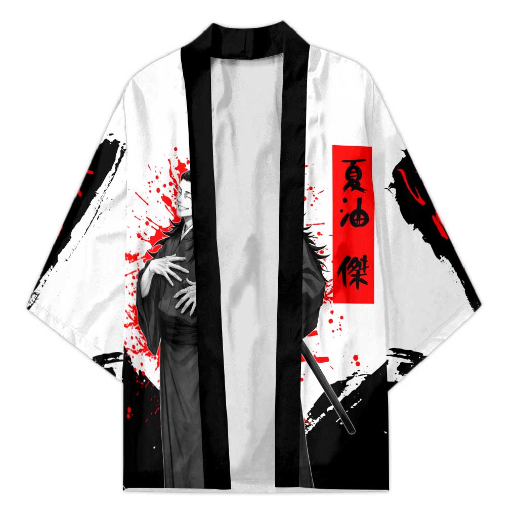 Suguru Geto Jujutsu Kaisen Samurai Style Kimono with Katana, Red Kanji Accents and Oni Mask Graphic - The Mazicc