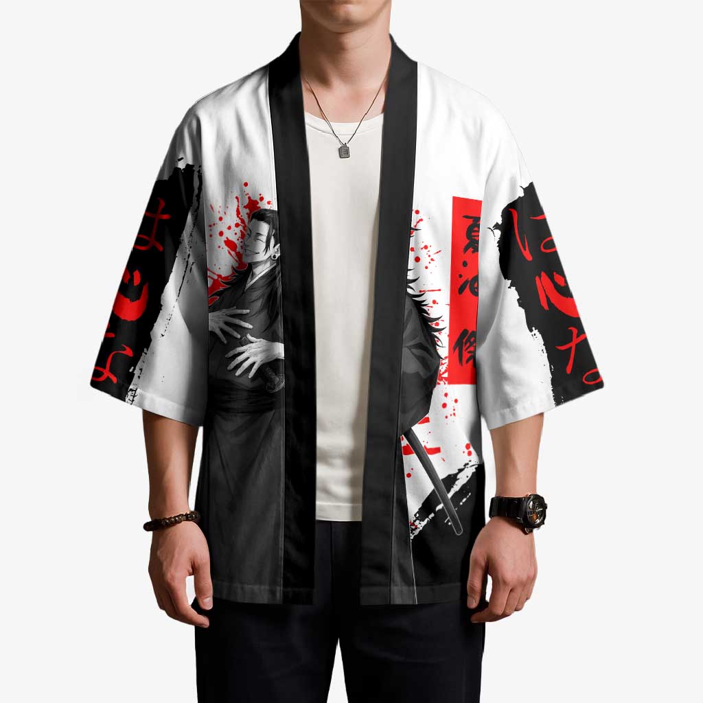 Suguru Geto Jujutsu Kaisen Samurai Style Kimono with Katana, Red Kanji Accents and Oni Mask Graphic - The Mazicc