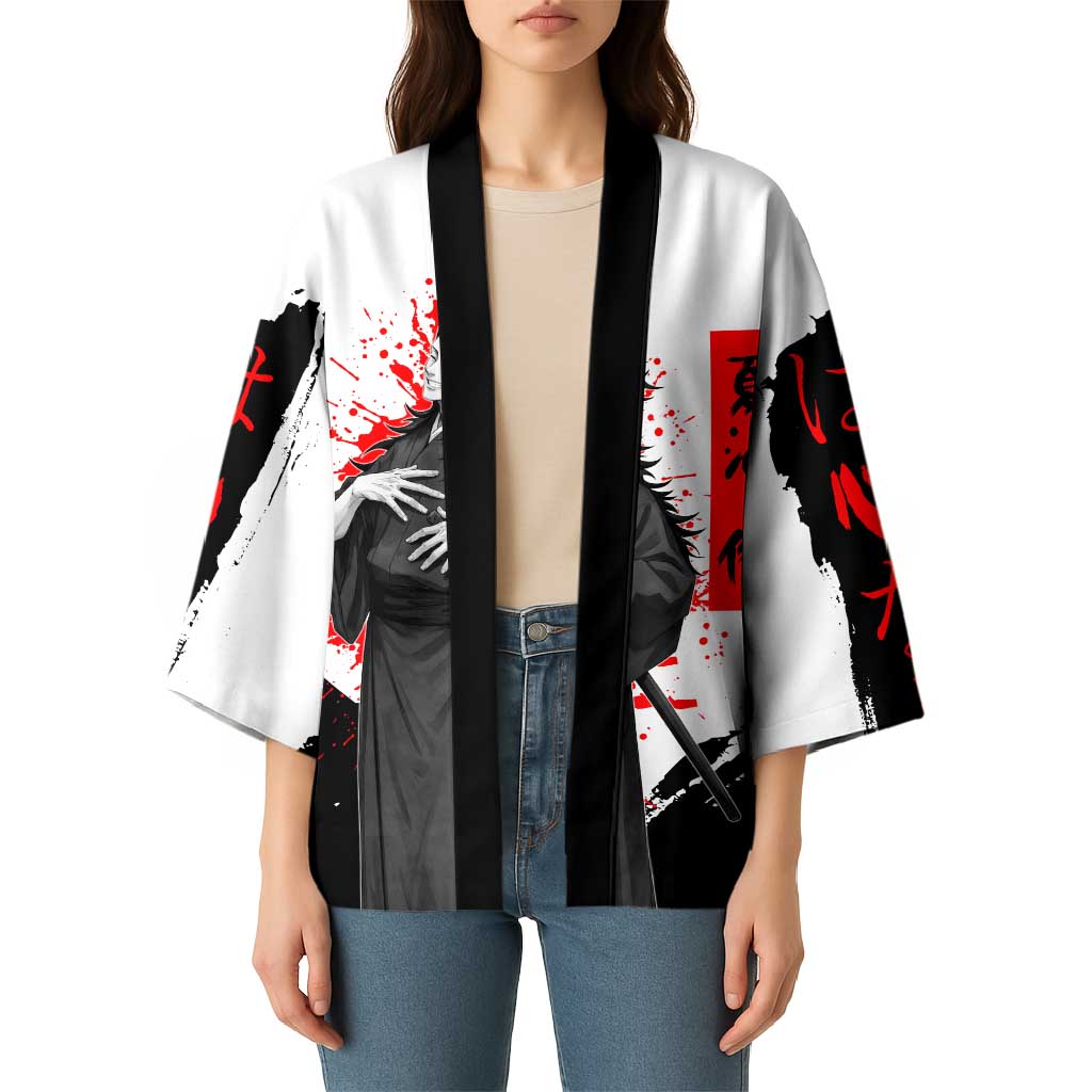 Suguru Geto Jujutsu Kaisen Samurai Style Kimono with Katana, Red Kanji Accents and Oni Mask Graphic - The Mazicc