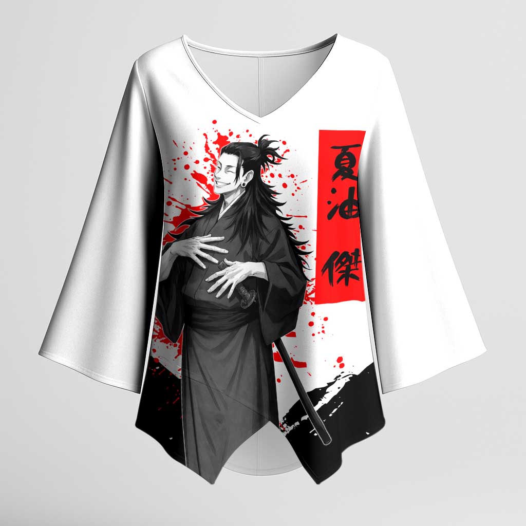 Suguru Geto Jujutsu Kaisen Samurai Style Kimono Sleeve Blouse with Katana, Red Kanji Accents and Oni Mask Graphic - The Mazicc