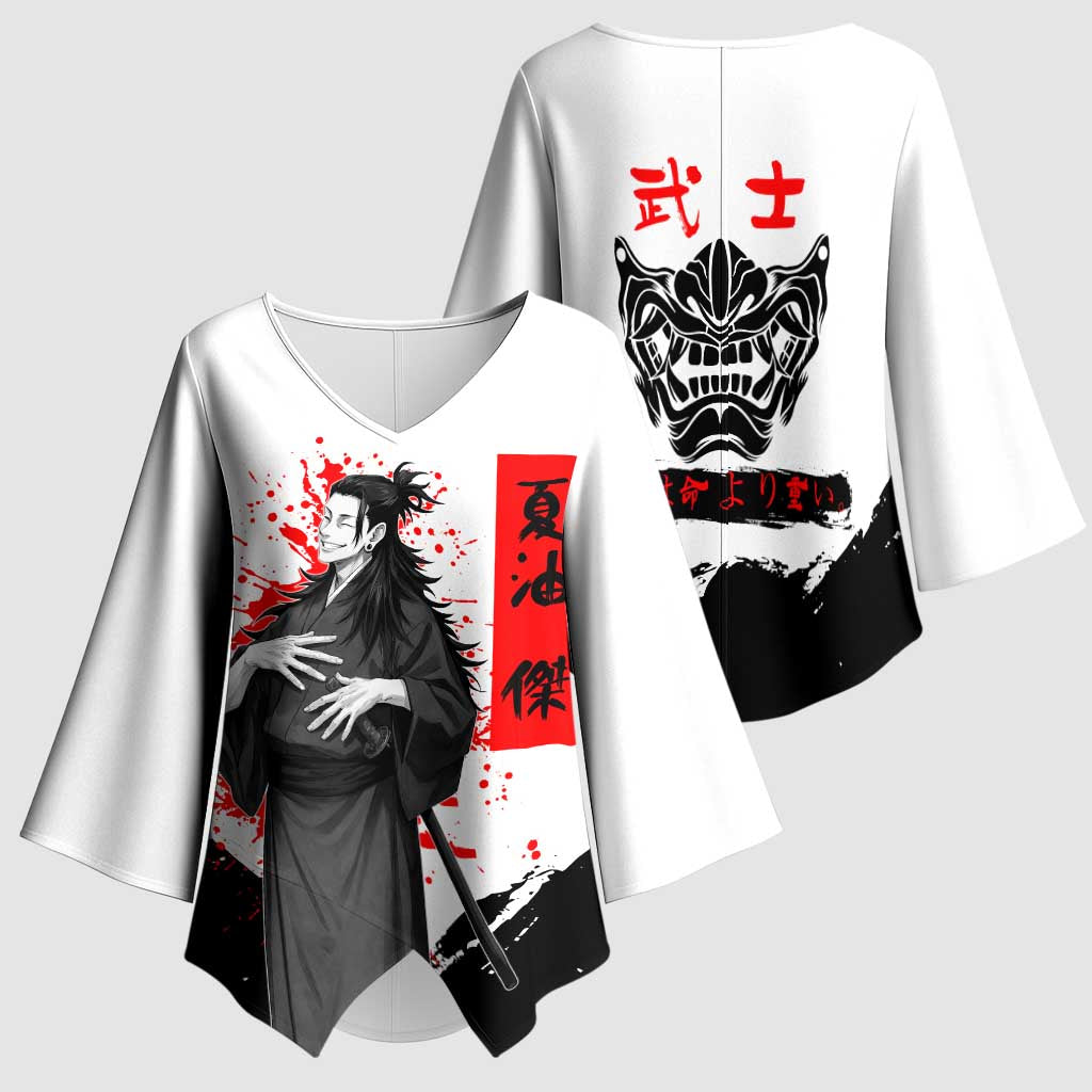 Suguru Geto Jujutsu Kaisen Samurai Style Kimono Sleeve Blouse with Katana, Red Kanji Accents and Oni Mask Graphic - The Mazicc