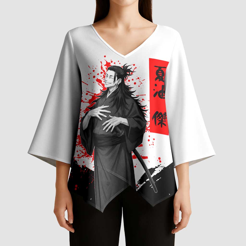 Suguru Geto Jujutsu Kaisen Samurai Style Kimono Sleeve Blouse with Katana, Red Kanji Accents and Oni Mask Graphic - The Mazicc
