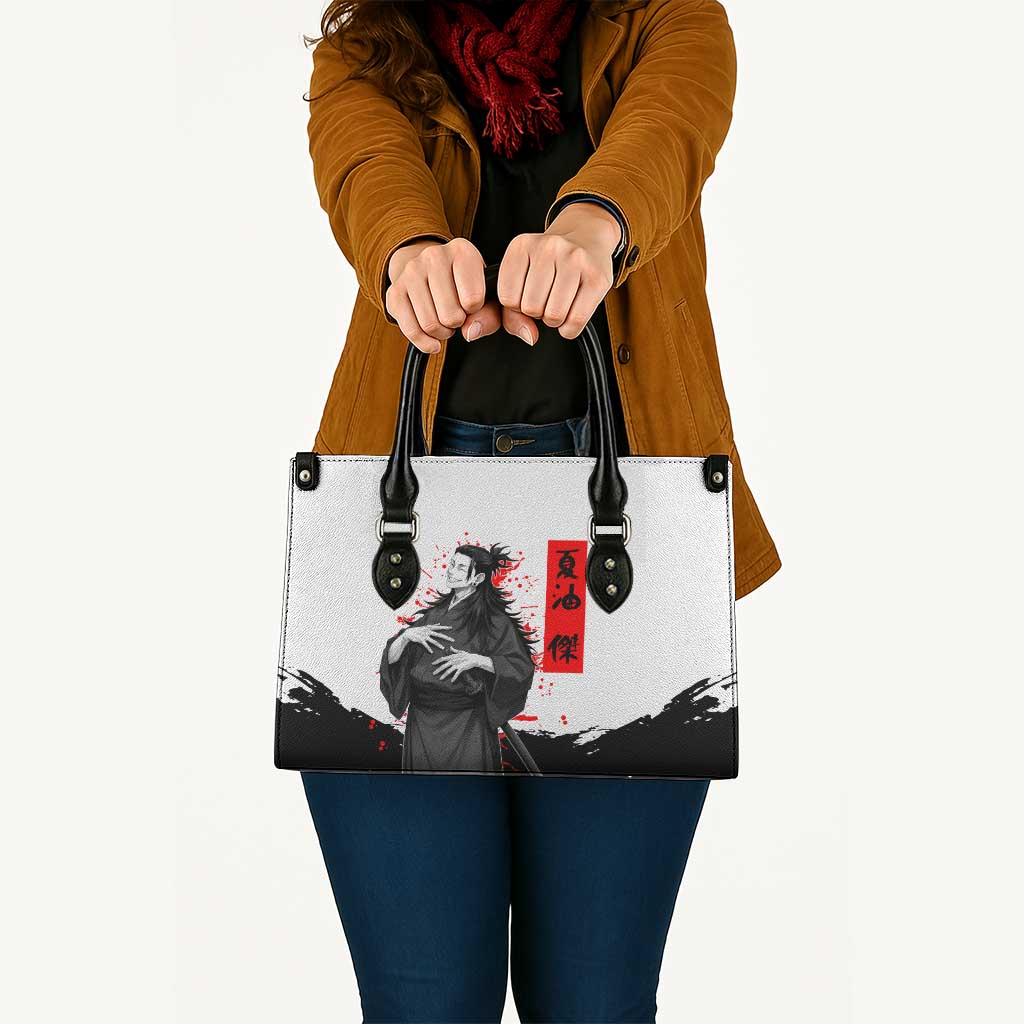 Suguru Geto Jujutsu Kaisen Samurai Style Leather Bag with Katana, Red Kanji Accents and Oni Mask Graphic - The Mazicc
