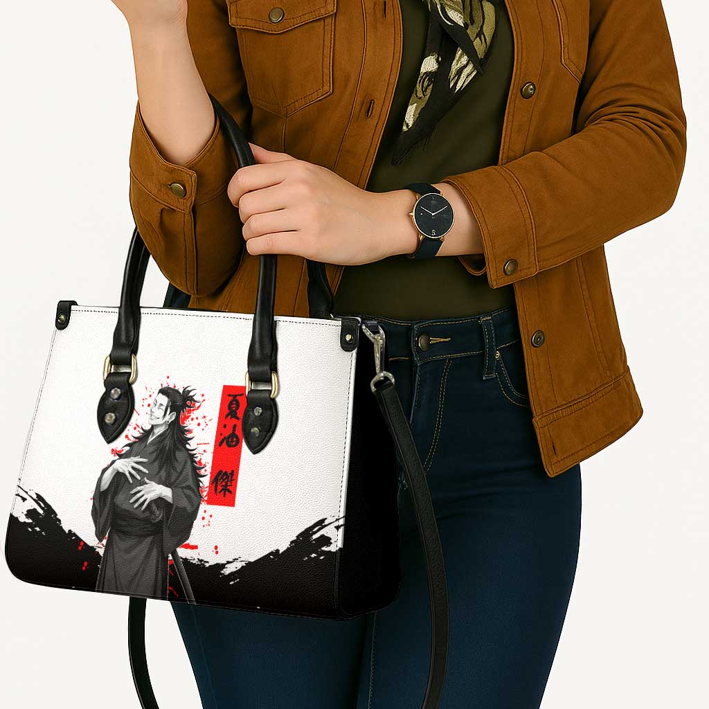 Suguru Geto Jujutsu Kaisen Samurai Style Leather Bag with Katana, Red Kanji Accents and Oni Mask Graphic - The Mazicc