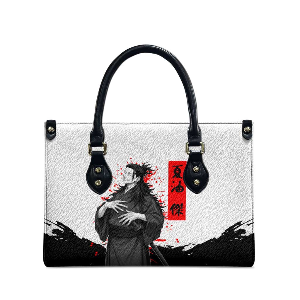 Suguru Geto Jujutsu Kaisen Samurai Style Leather Bag with Katana, Red Kanji Accents and Oni Mask Graphic - The Mazicc