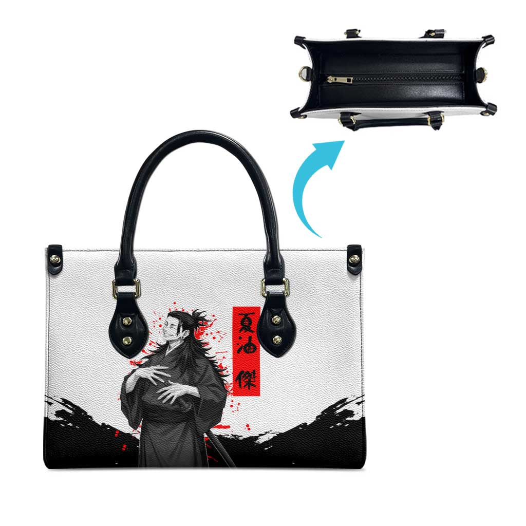 Suguru Geto Jujutsu Kaisen Samurai Style Leather Bag with Katana, Red Kanji Accents and Oni Mask Graphic - The Mazicc