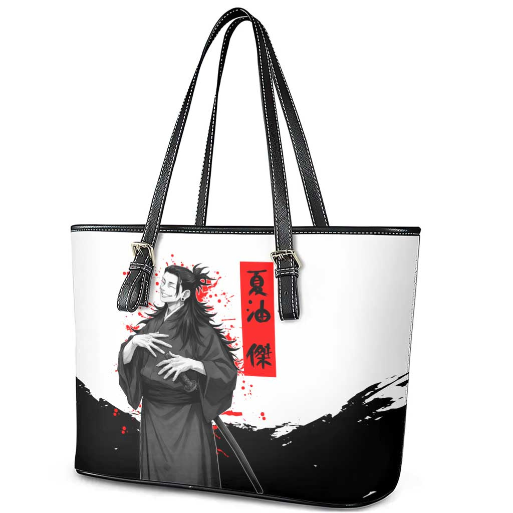 Suguru Geto Jujutsu Kaisen Samurai Style Leather Tote Bag with Katana, Red Kanji Accents and Oni Mask Graphic - The Mazicc
