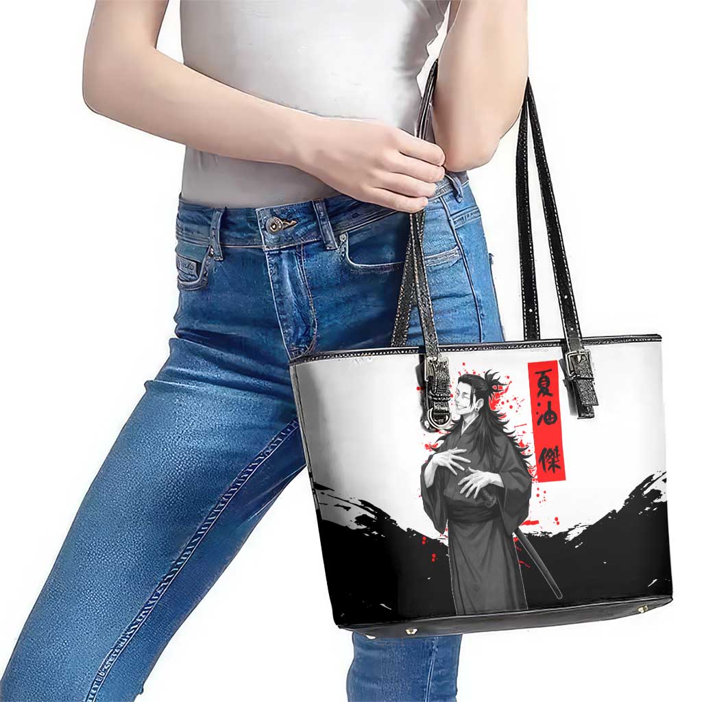 Suguru Geto Jujutsu Kaisen Samurai Style Leather Tote Bag with Katana, Red Kanji Accents and Oni Mask Graphic - The Mazicc