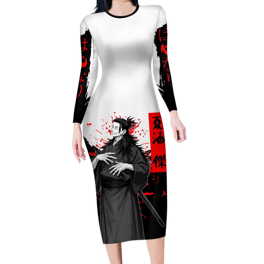 Suguru Geto Jujutsu Kaisen Samurai Style Long Sleeve Bodycon Dress with Katana, Red Kanji Accents and Oni Mask Graphic - The Mazicc
