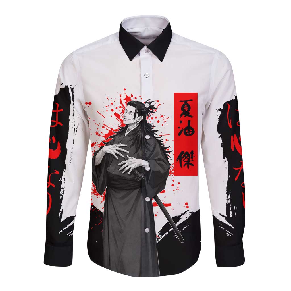 Suguru Geto Jujutsu Kaisen Samurai Style Long Sleeve Button Shirt with Katana, Red Kanji Accents and Oni Mask Graphic - The Mazicc