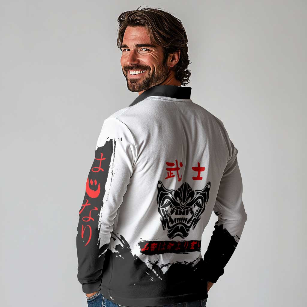 Suguru Geto Jujutsu Kaisen Samurai Style Long Sleeve Polo Shirt with Katana, Red Kanji Accents and Oni Mask Graphic - The Mazicc