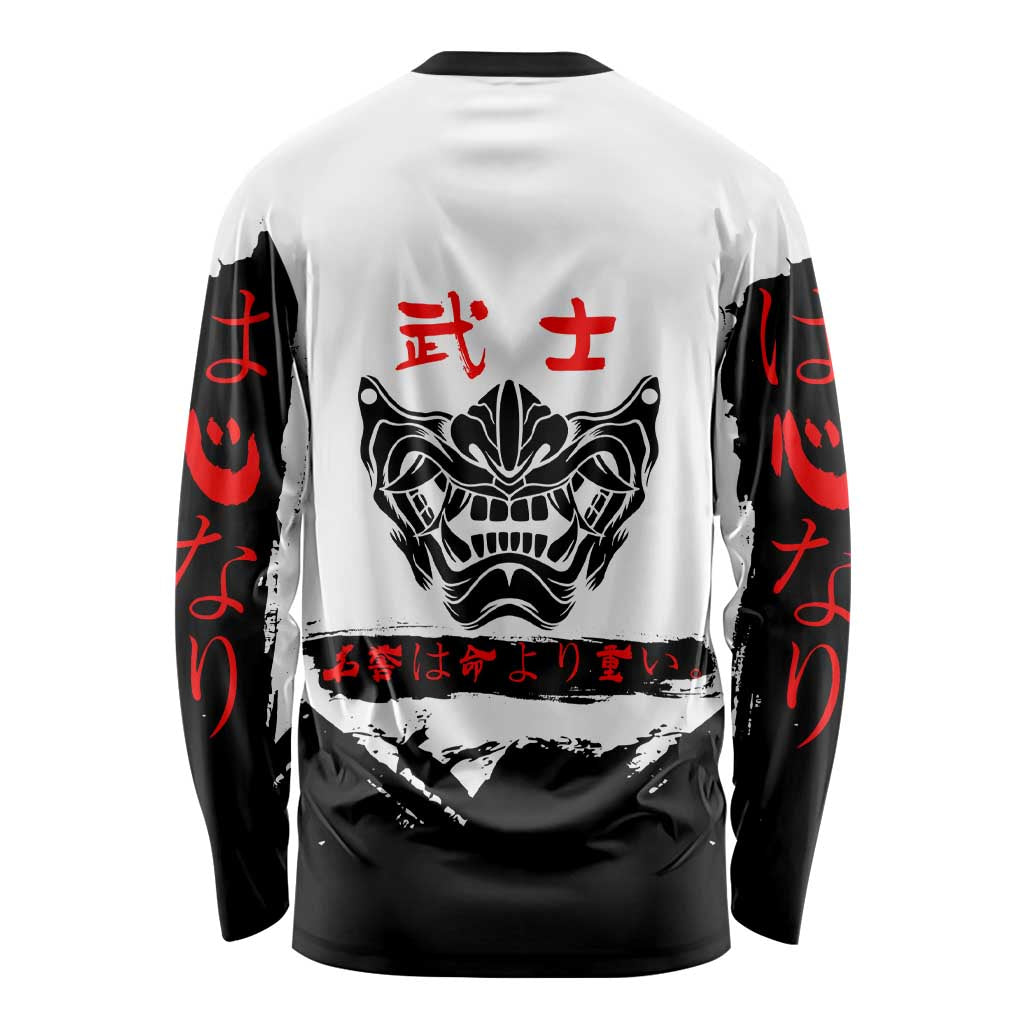 Suguru Geto Jujutsu Kaisen Samurai Style Long Sleeve Shirt with Katana, Red Kanji Accents and Oni Mask Graphic - The Mazicc