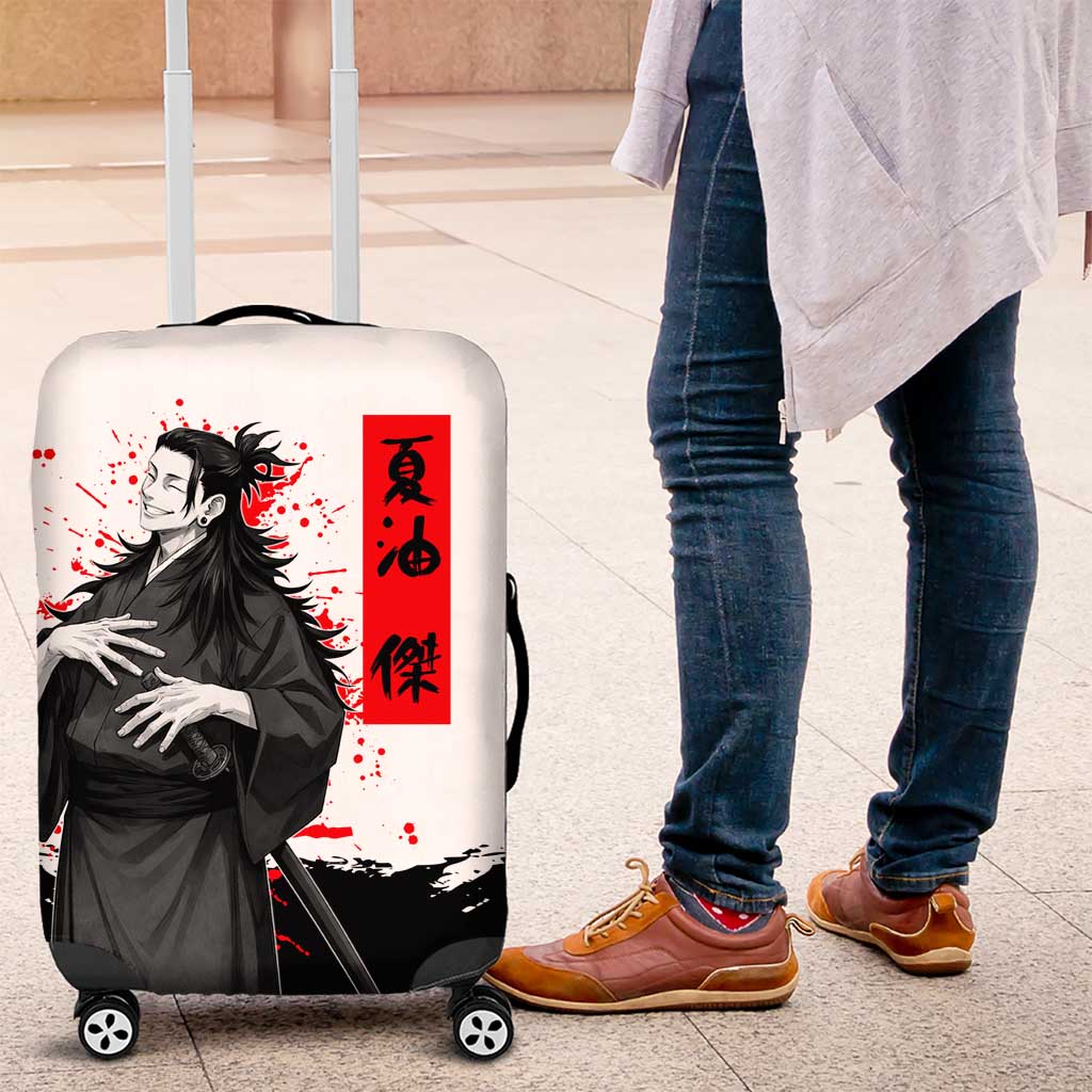Suguru Geto Jujutsu Kaisen Samurai Style Luggage Cover with Katana, Red Kanji Accents and Oni Mask Graphic - The Mazicc