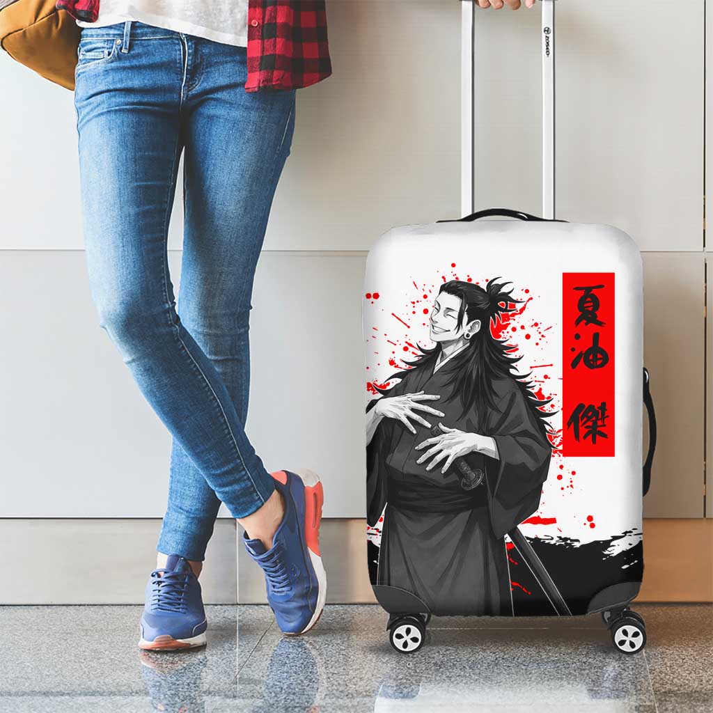 Suguru Geto Jujutsu Kaisen Samurai Style Luggage Cover with Katana, Red Kanji Accents and Oni Mask Graphic - The Mazicc