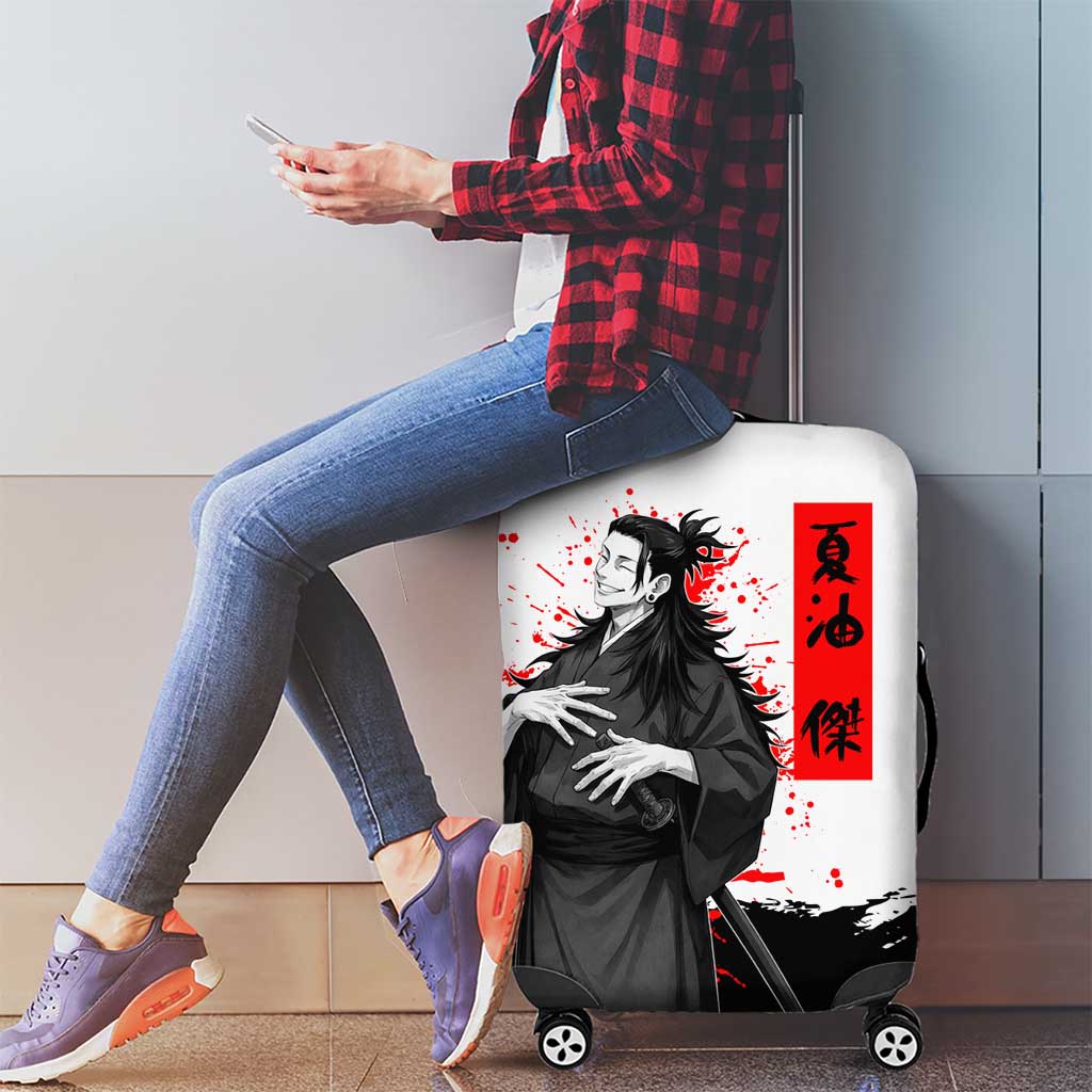 Suguru Geto Jujutsu Kaisen Samurai Style Luggage Cover with Katana, Red Kanji Accents and Oni Mask Graphic - The Mazicc