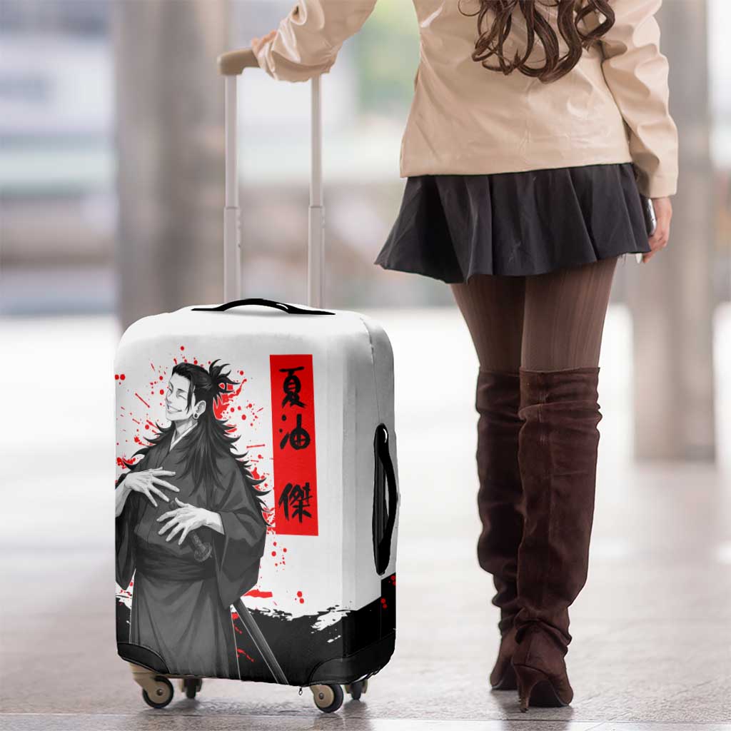 Suguru Geto Jujutsu Kaisen Samurai Style Luggage Cover with Katana, Red Kanji Accents and Oni Mask Graphic - The Mazicc