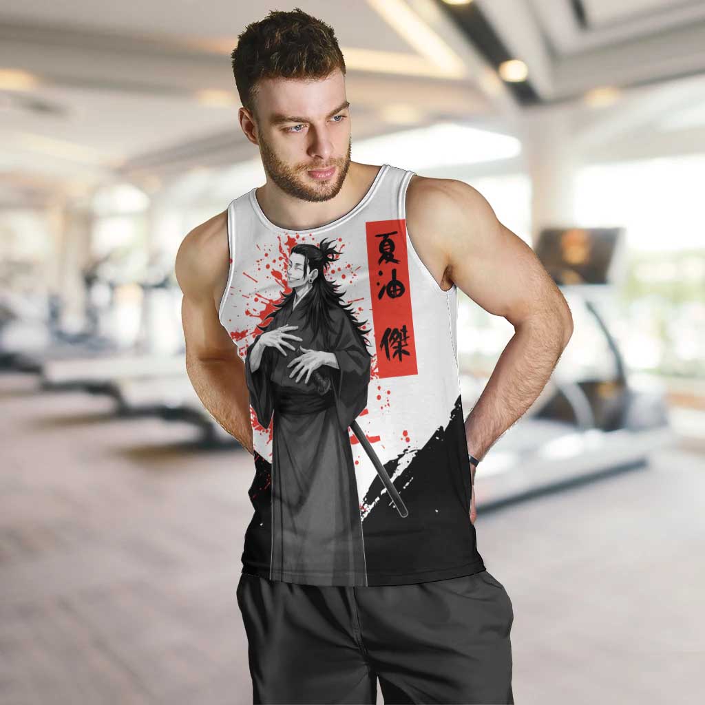 Suguru Geto Jujutsu Kaisen Samurai Style Men Tank Top with Katana, Red Kanji Accents and Oni Mask Graphic - The Mazicc
