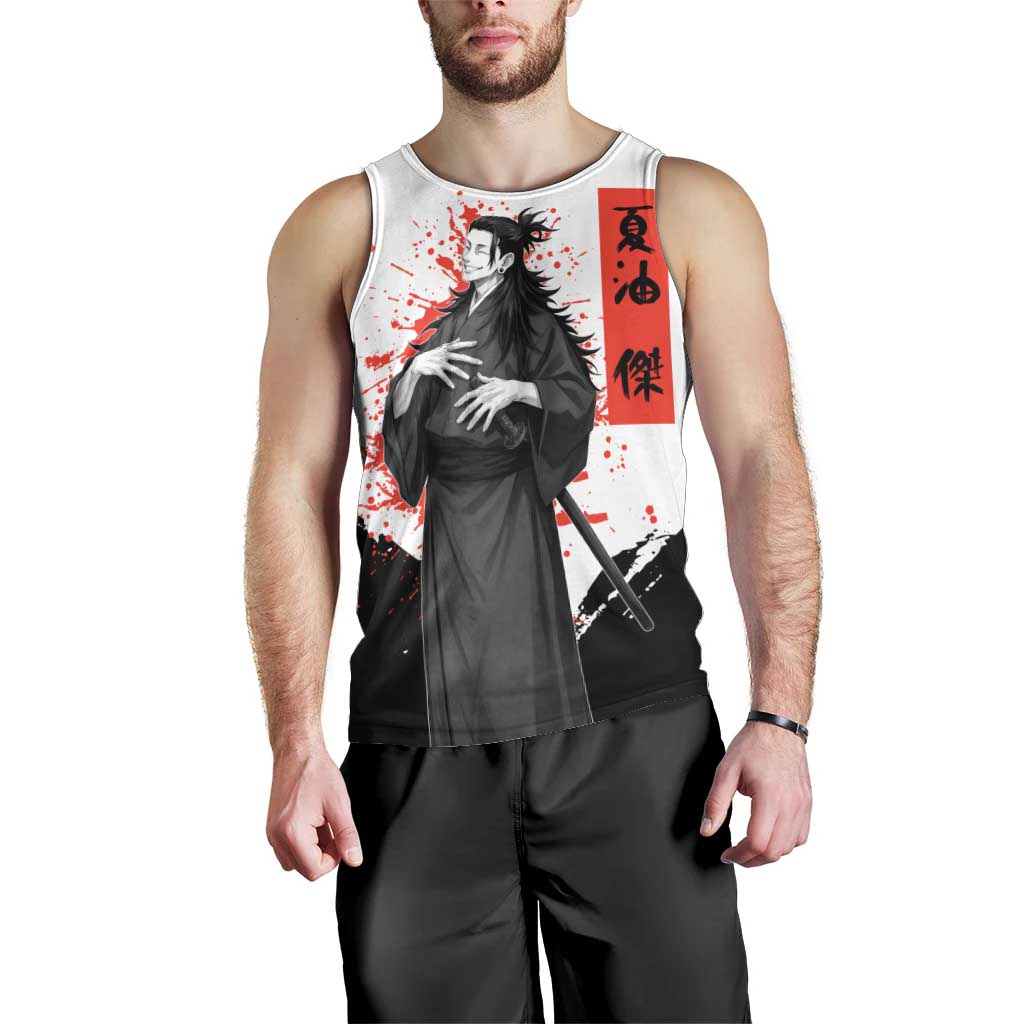 Suguru Geto Jujutsu Kaisen Samurai Style Men Tank Top with Katana, Red Kanji Accents and Oni Mask Graphic - The Mazicc