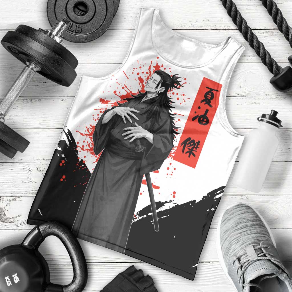 Suguru Geto Jujutsu Kaisen Samurai Style Men Tank Top with Katana, Red Kanji Accents and Oni Mask Graphic - The Mazicc