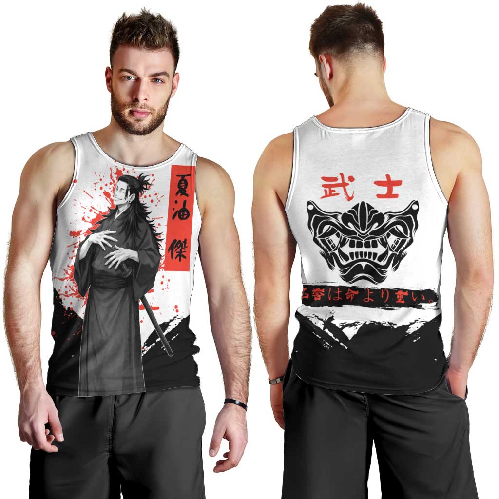 Suguru Geto Jujutsu Kaisen Samurai Style Men Tank Top with Katana, Red Kanji Accents and Oni Mask Graphic - The Mazicc