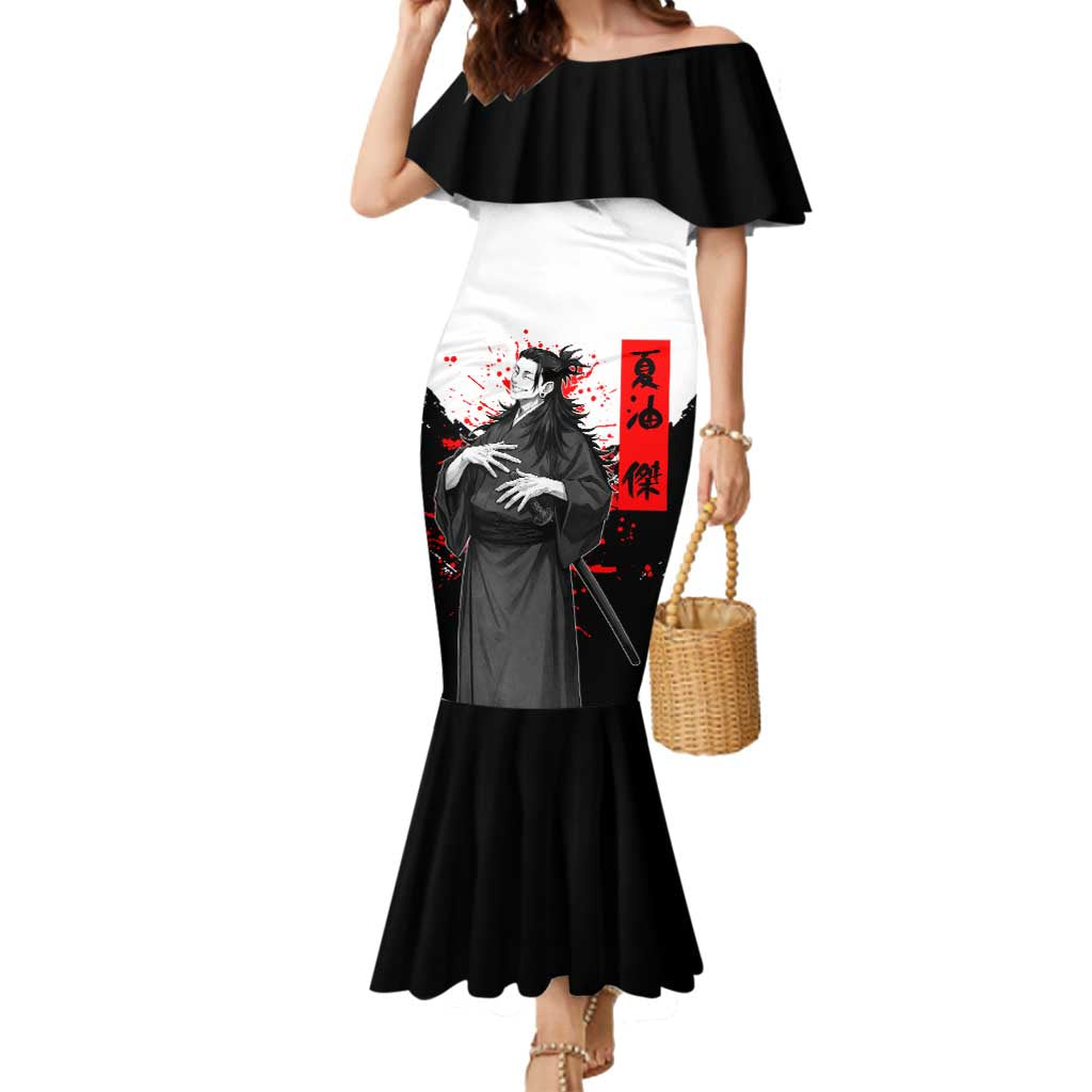 Suguru Geto Jujutsu Kaisen Samurai Style Mermaid Dress with Katana, Red Kanji Accents and Oni Mask Graphic - The Mazicc