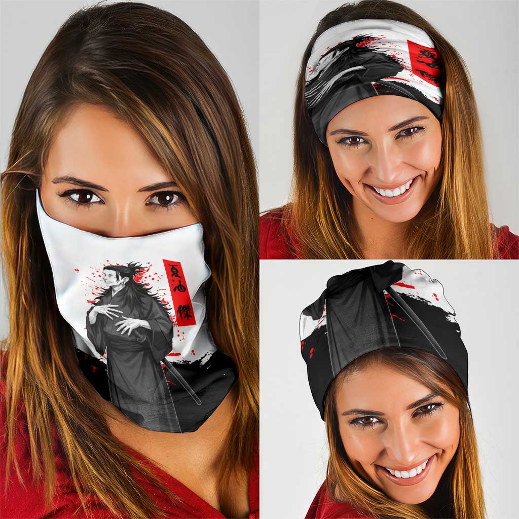 Suguru Geto Jujutsu Kaisen Samurai Style Neck Gaiter with Katana, Red Kanji Accents and Oni Mask Graphic - The Mazicc