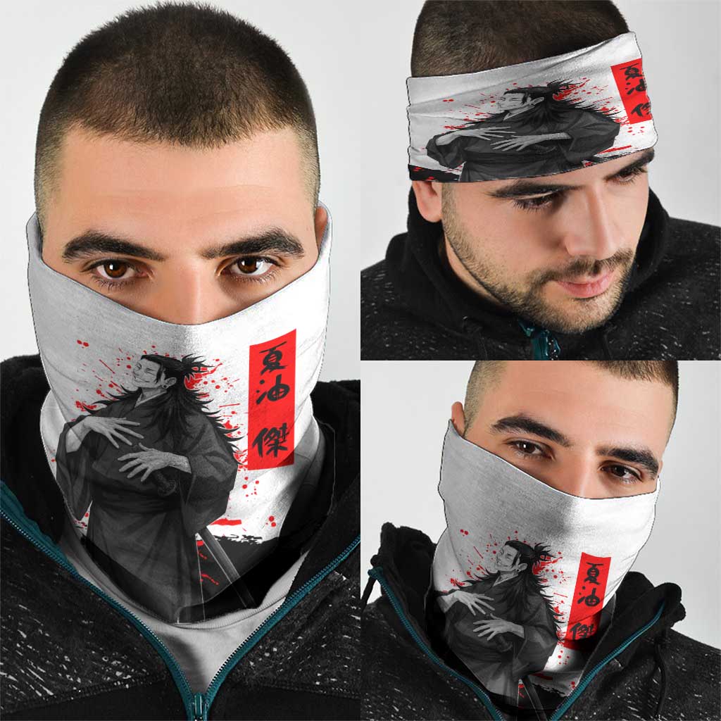 Suguru Geto Jujutsu Kaisen Samurai Style Neck Gaiter with Katana, Red Kanji Accents and Oni Mask Graphic - The Mazicc