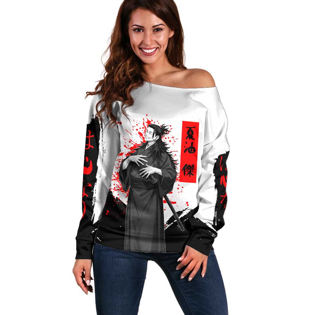 Suguru Geto Jujutsu Kaisen Samurai Style Off Shoulder Sweater with Katana, Red Kanji Accents and Oni Mask Graphic - The Mazicc