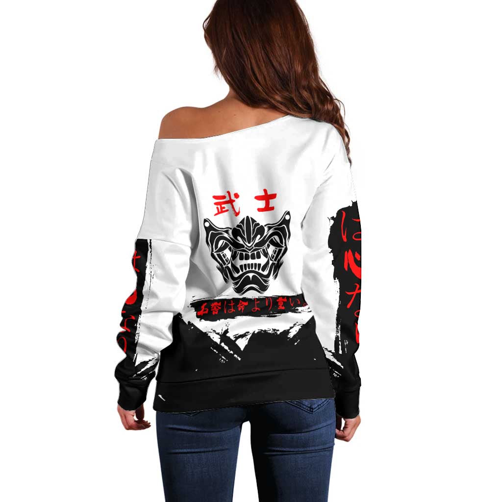 Suguru Geto Jujutsu Kaisen Samurai Style Off Shoulder Sweater with Katana, Red Kanji Accents and Oni Mask Graphic - The Mazicc