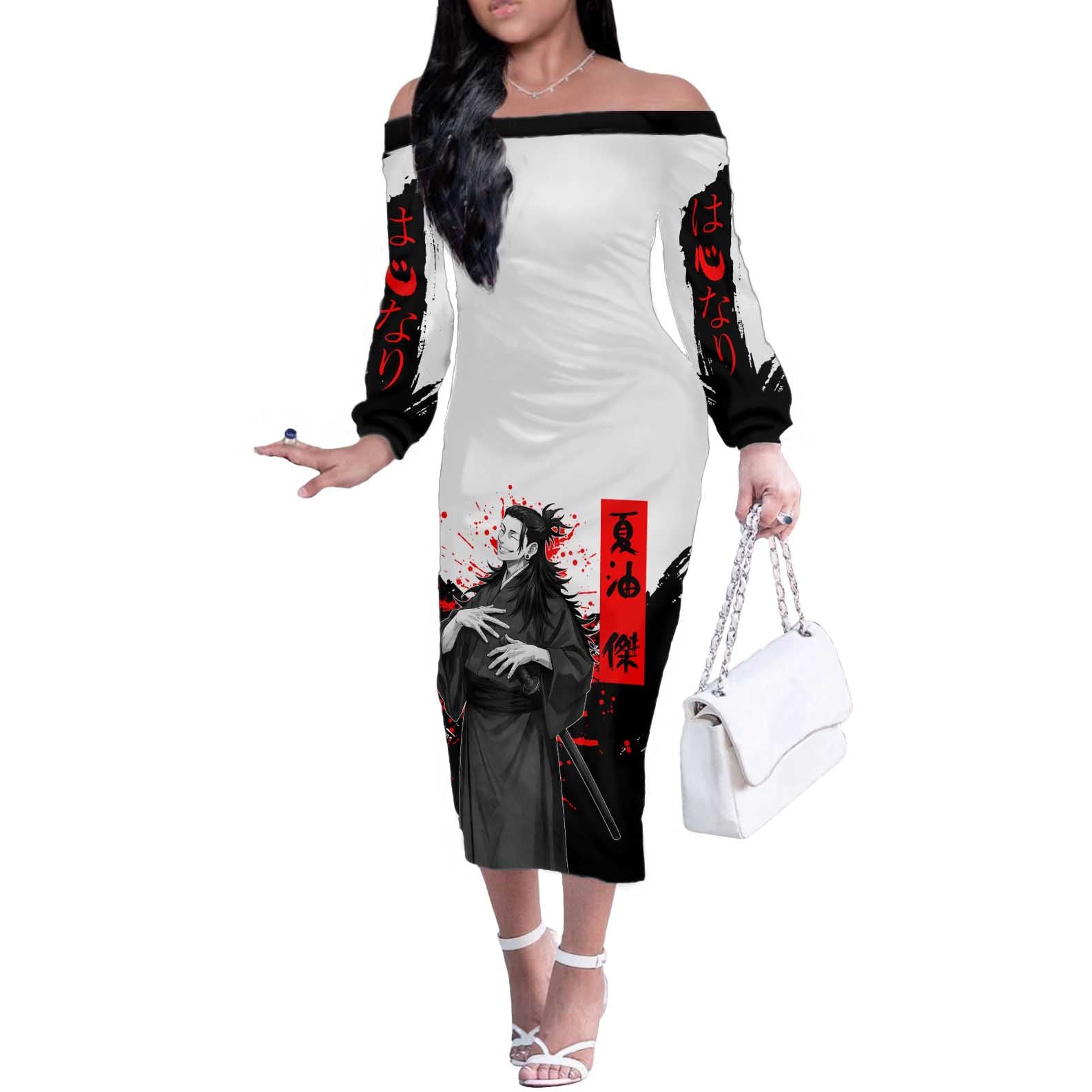 Suguru Geto Jujutsu Kaisen Samurai Style Off The Shoulder Long Sleeve Dress with Katana, Red Kanji Accents and Oni Mask Graphic - The Mazicc