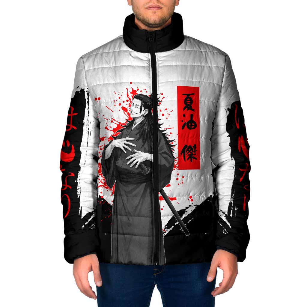Suguru Geto Jujutsu Kaisen Samurai Style Padded Jacket with Katana, Red Kanji Accents and Oni Mask Graphic - The Mazicc