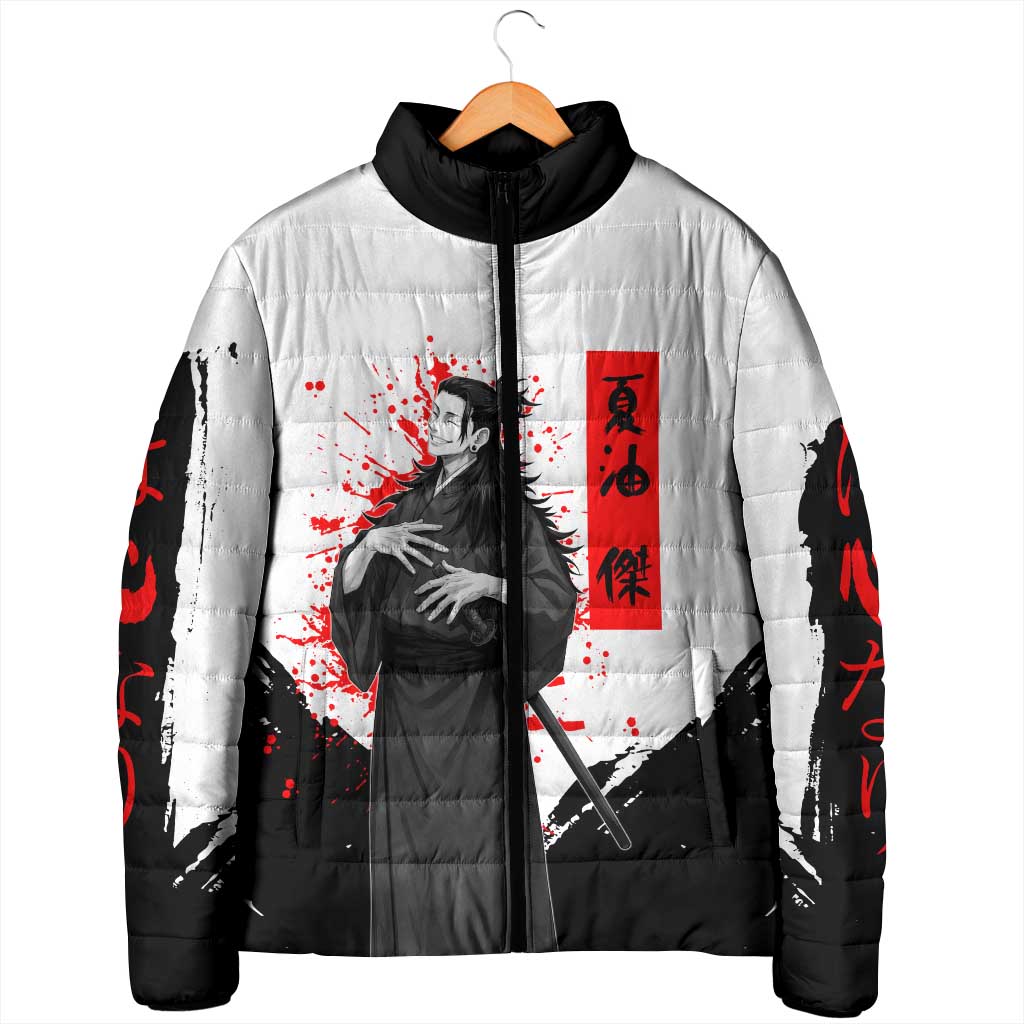 Suguru Geto Jujutsu Kaisen Samurai Style Padded Jacket with Katana, Red Kanji Accents and Oni Mask Graphic - The Mazicc
