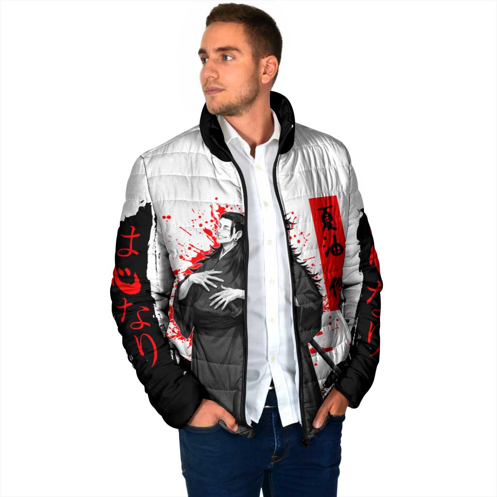Suguru Geto Jujutsu Kaisen Samurai Style Padded Jacket with Katana, Red Kanji Accents and Oni Mask Graphic - The Mazicc