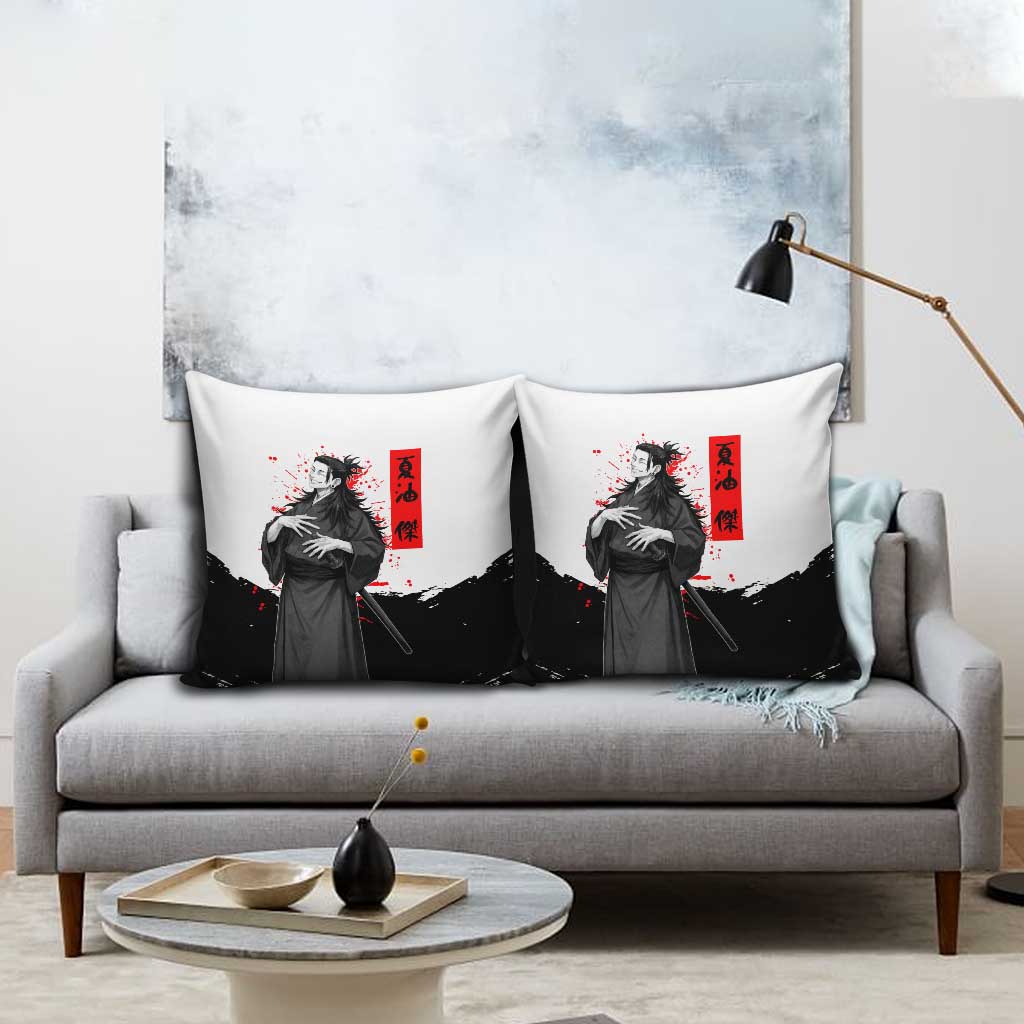 Suguru Geto Jujutsu Kaisen Samurai Style Pillow Cover with Katana, Red Kanji Accents and Oni Mask Graphic - The Mazicc