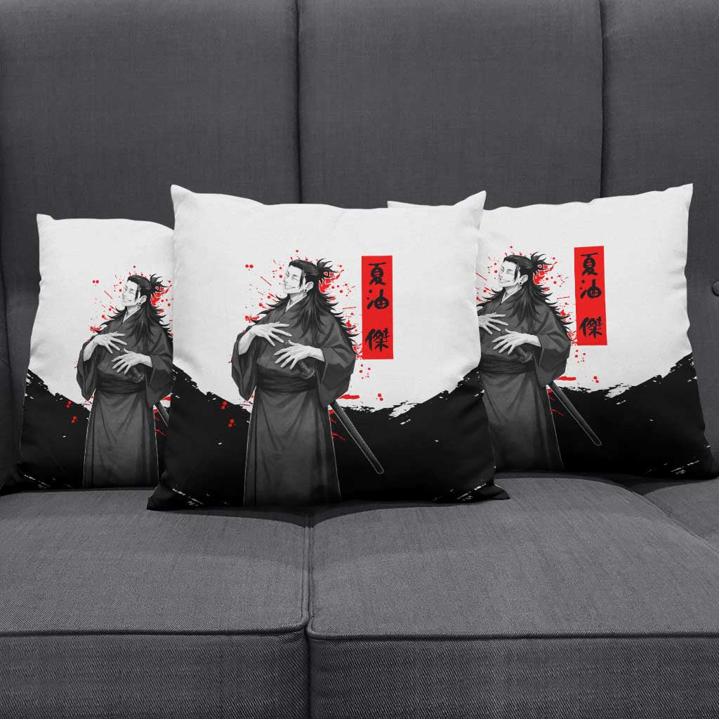 Suguru Geto Jujutsu Kaisen Samurai Style Pillow Cover with Katana, Red Kanji Accents and Oni Mask Graphic - The Mazicc
