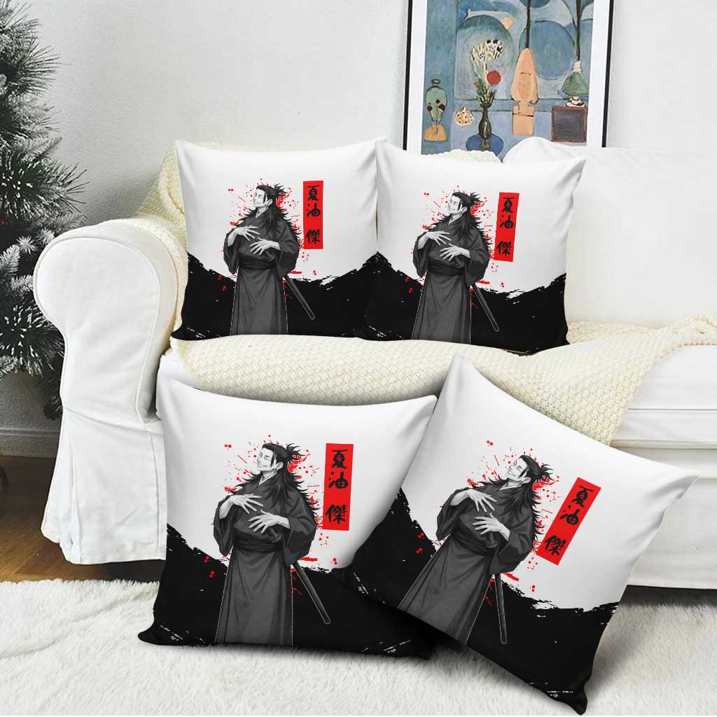 Suguru Geto Jujutsu Kaisen Samurai Style Pillow Cover with Katana, Red Kanji Accents and Oni Mask Graphic - The Mazicc