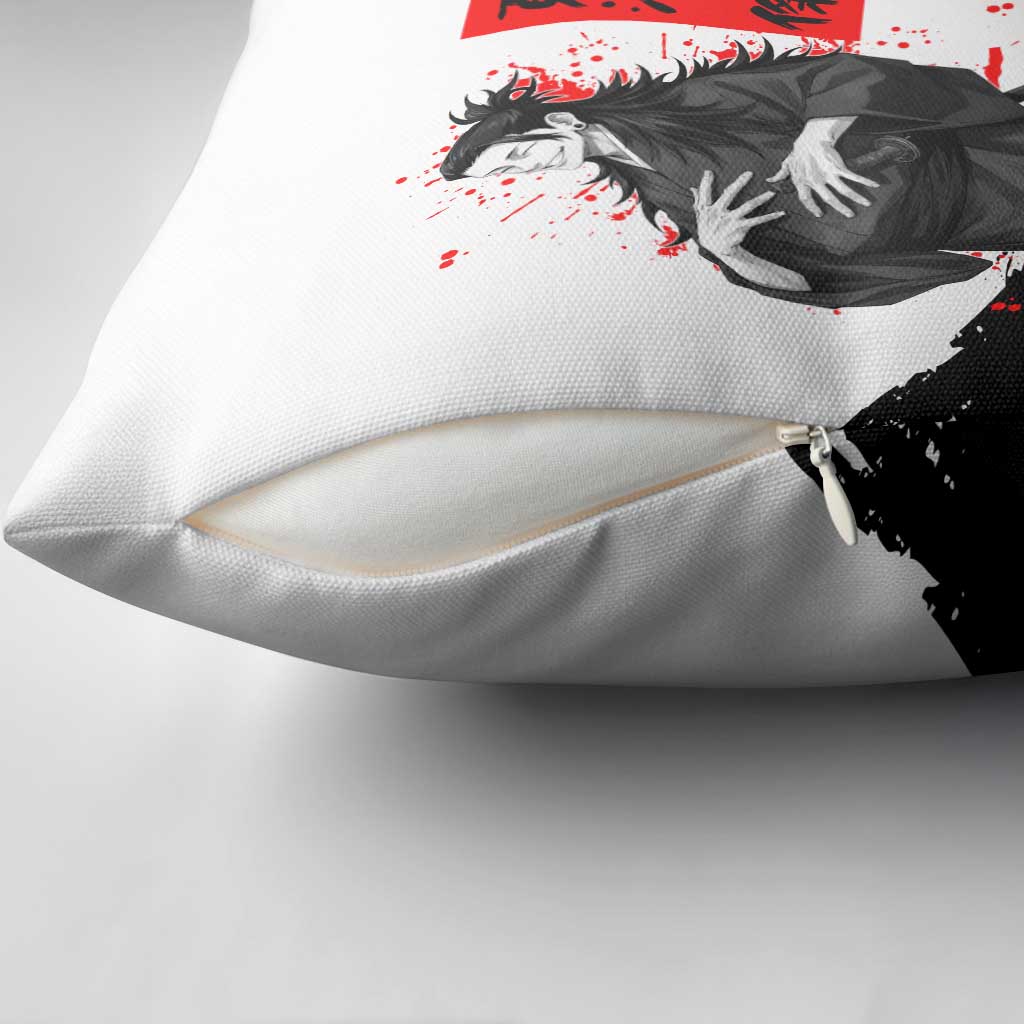 Suguru Geto Jujutsu Kaisen Samurai Style Pillow Cover with Katana, Red Kanji Accents and Oni Mask Graphic - The Mazicc